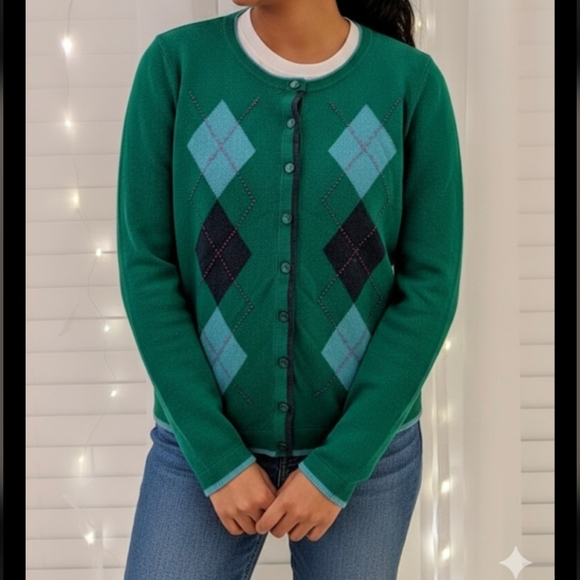 Talbot's Womans Green Cardigan Argyle  5% Cashmere Size SP - Picture 7 of 11